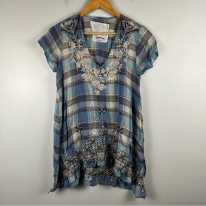 Johnny Was Workshop blue grey plaid embroidered tunic short sleeve top size XS
